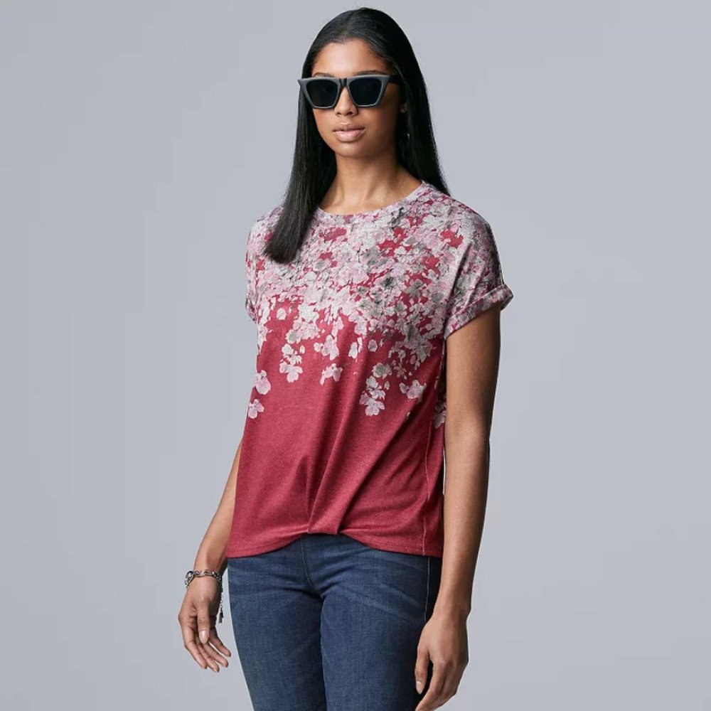 Simply Vera Vera Wang Floral Short Sleeve Knit Sweater Top Women's Large Fall